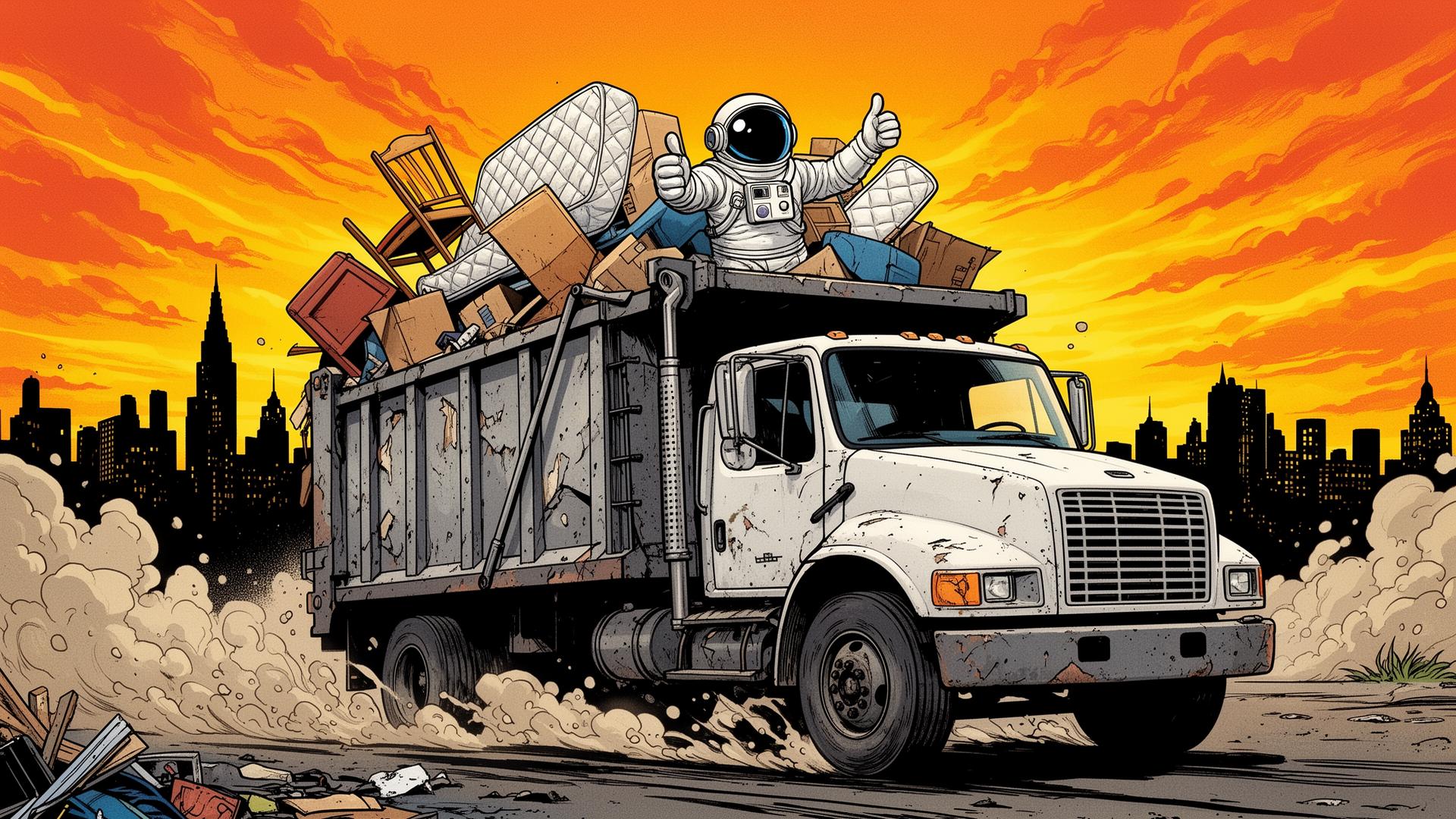 Junkernauts truck loaded with junk in front of the Philly skyline